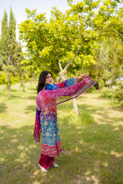 Khatoon Red & Blue Printed 3-Piece Suit