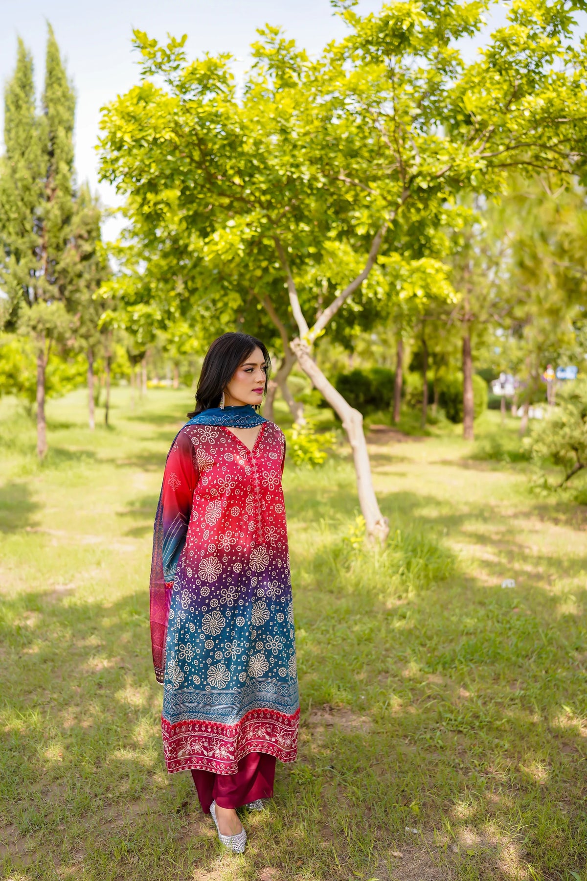 Khatoon Red & Blue Printed 3-Piece Suit