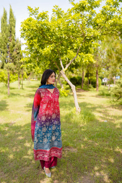 Khatoon Red & Blue Printed 3-Piece Suit