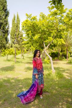 Khatoon Red & Blue Printed 3-Piece Suit