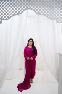 Aimin Luxury Magenta Embroidered 3-Piece Silk Suit