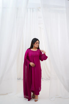 Aimin Luxury Magenta Embroidered 3-Piece Silk Suit