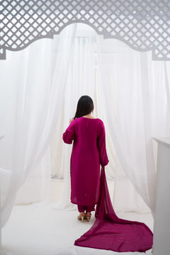 Aimin Luxury Magenta Embroidered 3-Piece Silk Suit