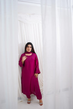 Aimin Luxury Magenta Embroidered 3-Piece Silk Suit