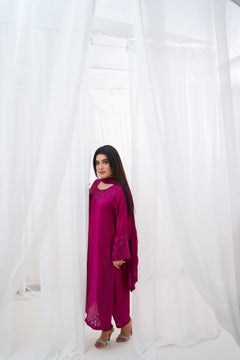 Aimin Luxury Magenta Embroidered 3-Piece Silk Suit
