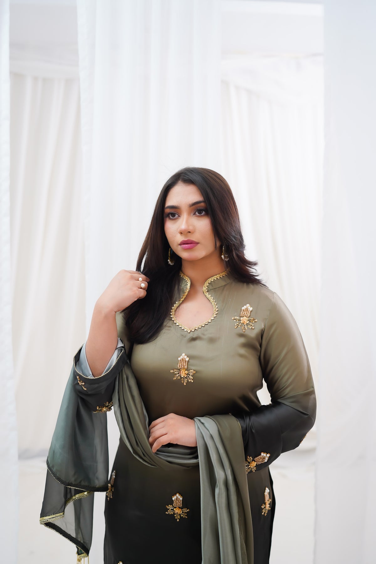 Olive to Charcoal Embroidered Suit with Golden Floral Details