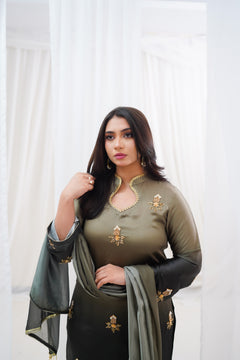 Olive to Charcoal Embroidered Suit with Golden Floral Details