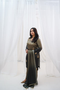 Olive to Charcoal Embroidered Suit with Golden Floral Details