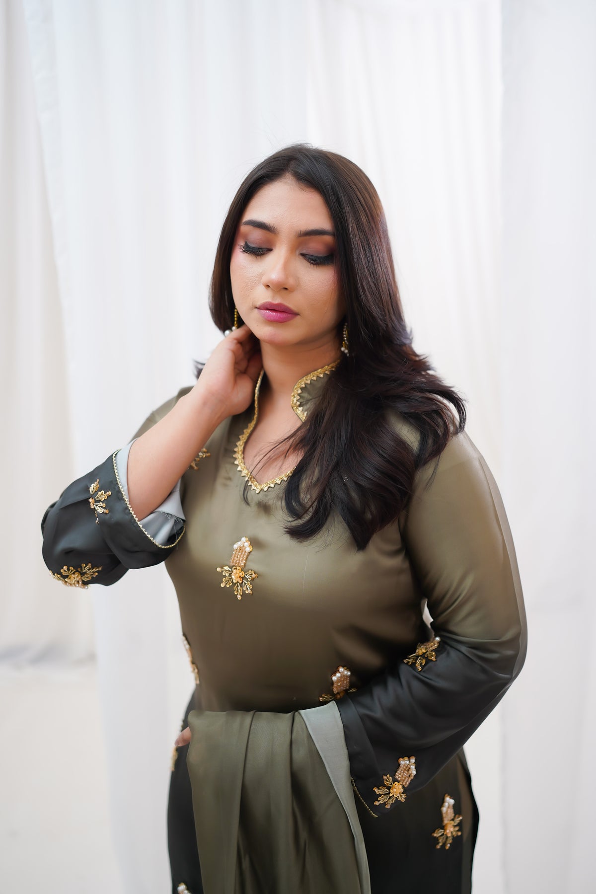 Olive to Charcoal Embroidered Suit with Golden Floral Details