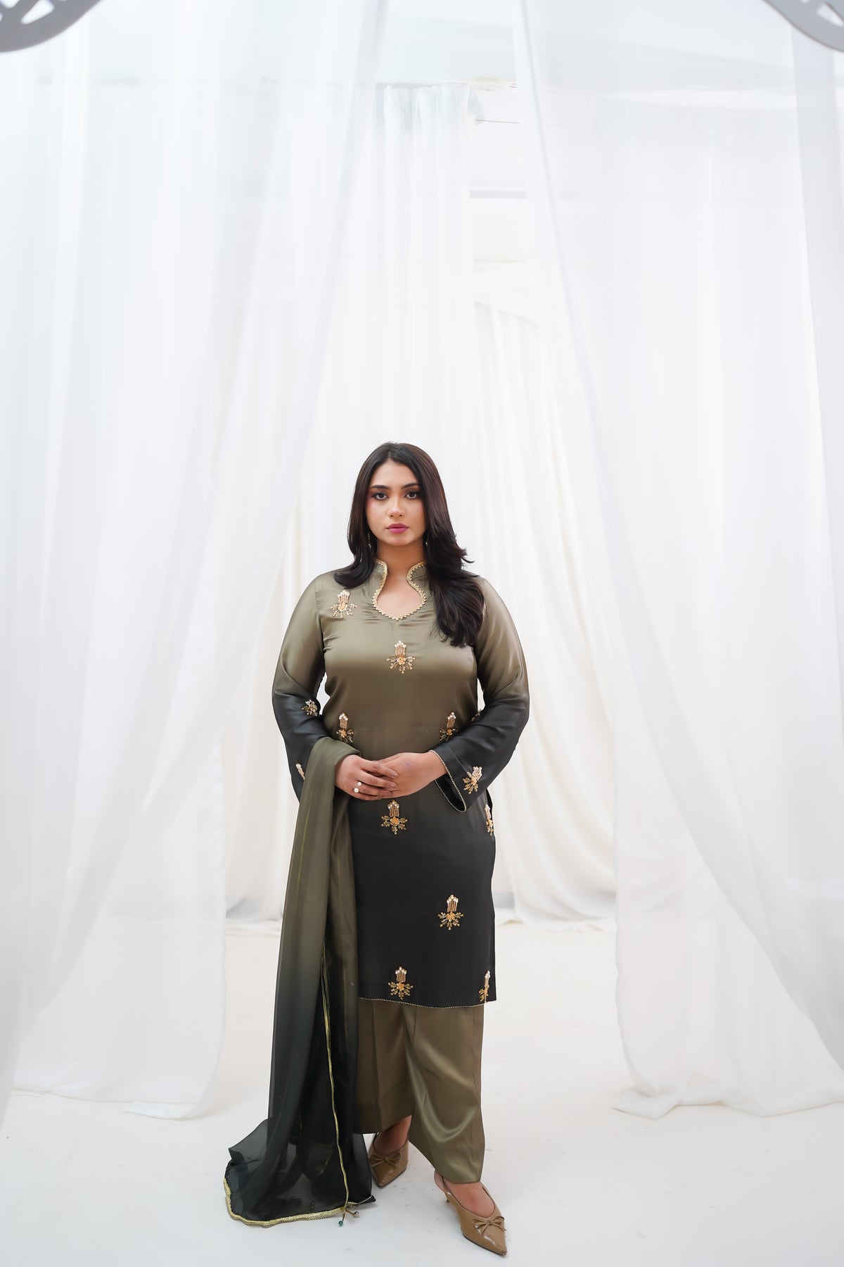 Olive to Charcoal Embroidered Suit with Golden Floral Details