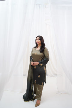 Olive to Charcoal Embroidered Suit with Golden Floral Details