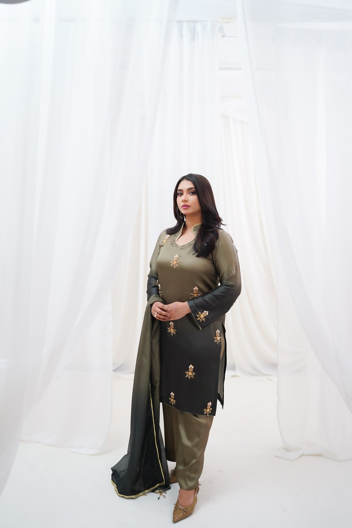 Olive to Charcoal Embroidered Suit with Golden Floral Details