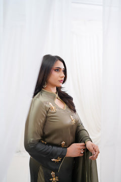 Olive to Charcoal Embroidered Suit with Golden Floral Details