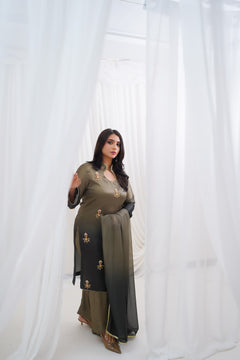Olive to Charcoal Embroidered Suit with Golden Floral Details
