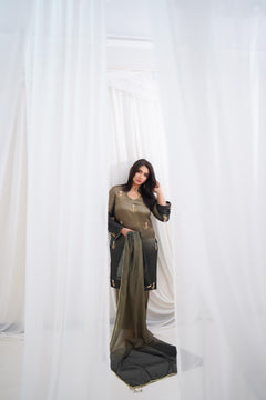 Olive to Charcoal Embroidered Suit with Golden Floral Details