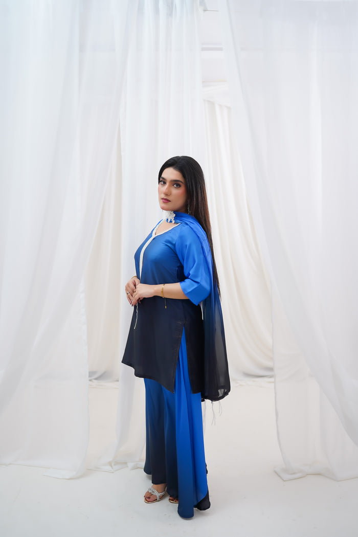 Royal Blue to Navy Gradient Suit with Pearl-Style Neckline