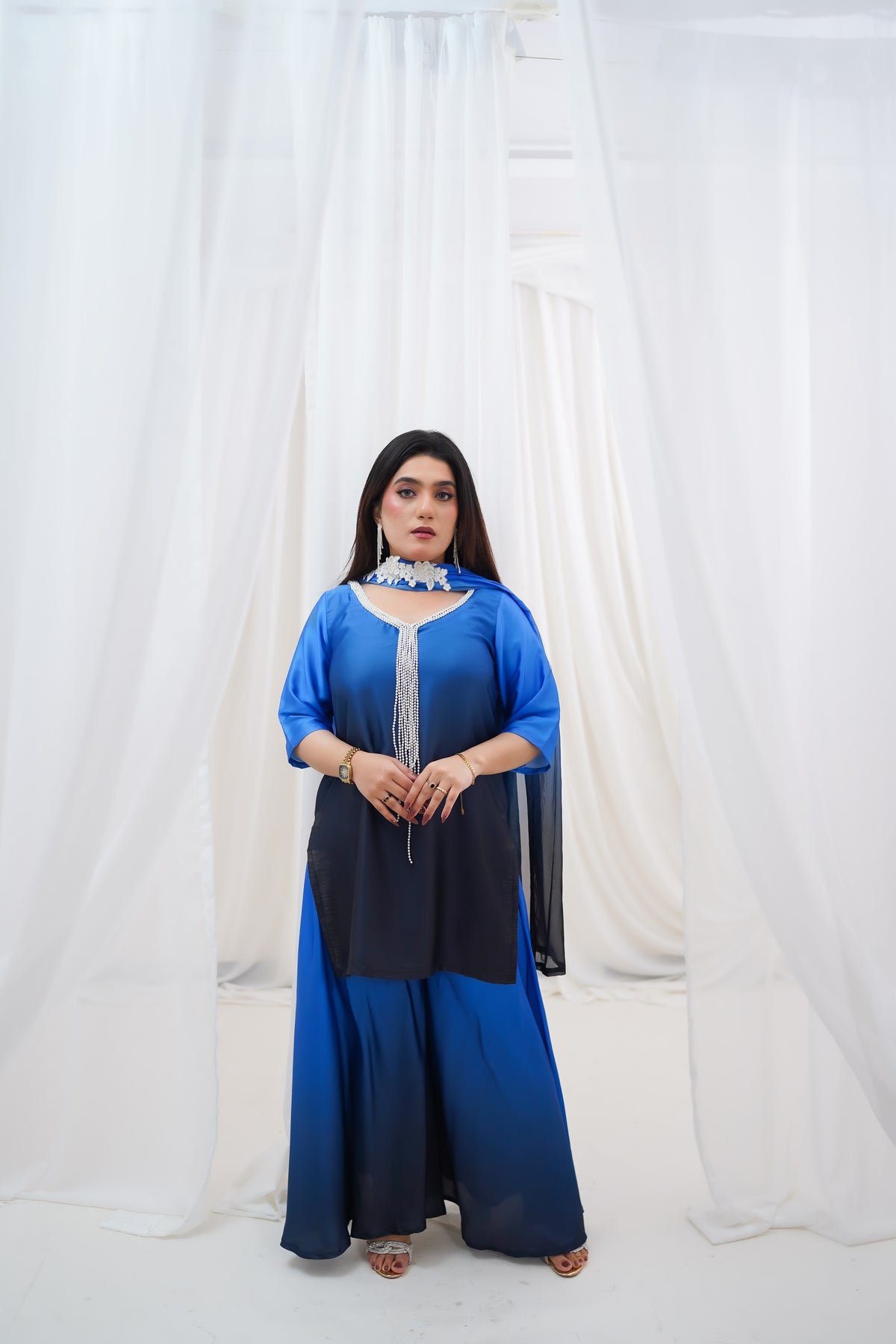 Royal Blue to Navy Gradient Suit with Pearl-Style Neckline