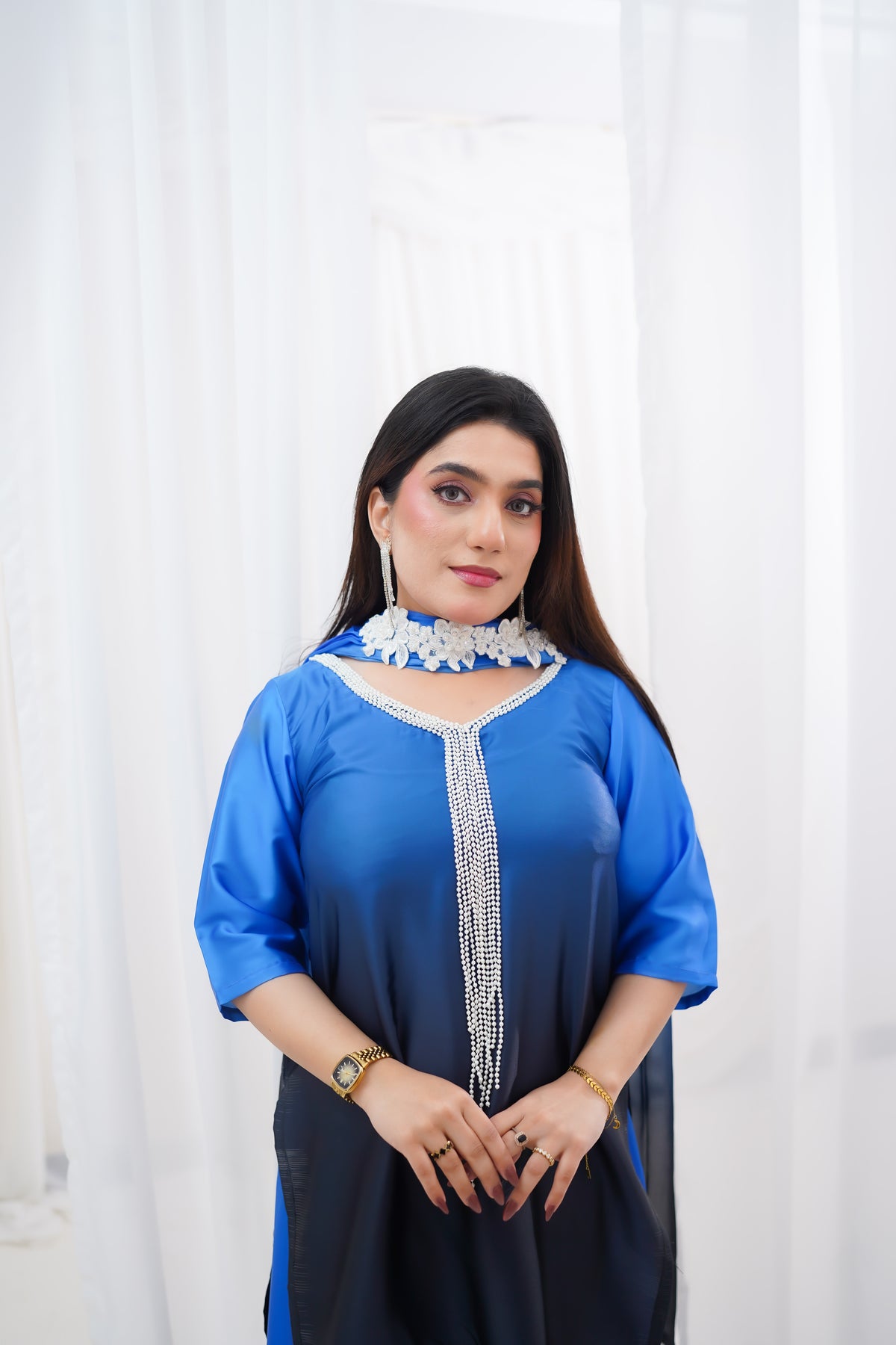 Royal Blue to Navy Gradient Suit with Pearl-Style Neckline