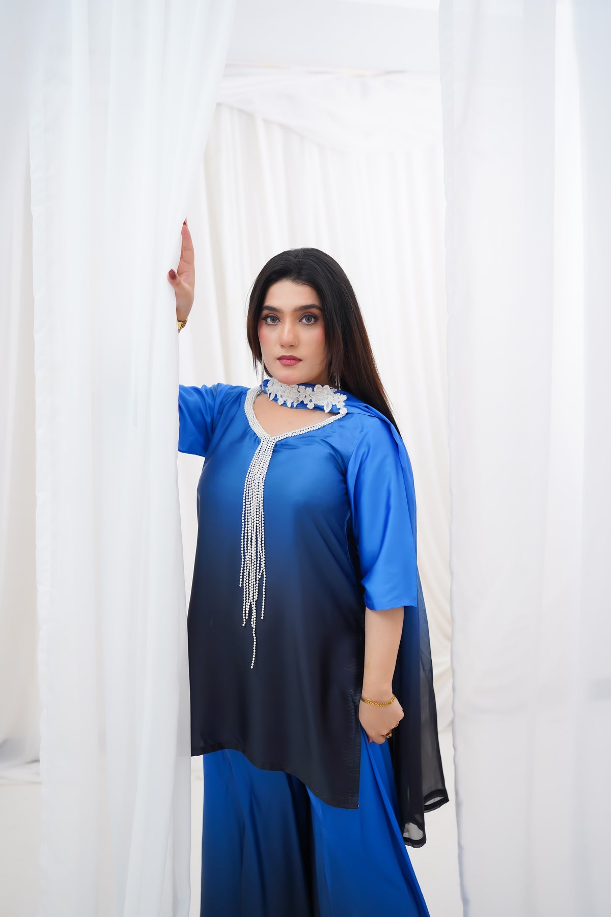 Royal Blue to Navy Gradient Suit with Pearl-Style Neckline