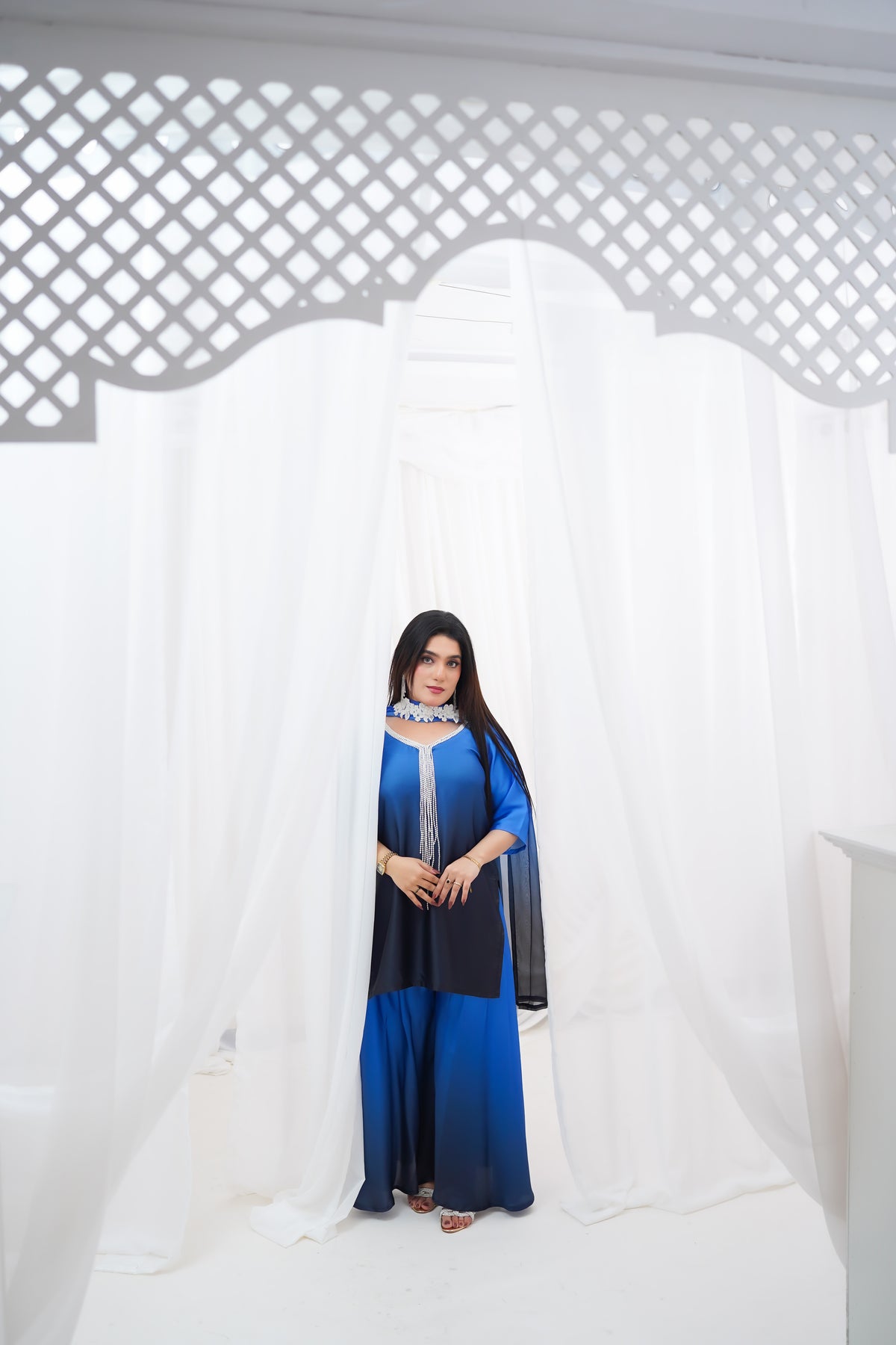 Royal Blue to Navy Gradient Suit with Pearl-Style Neckline