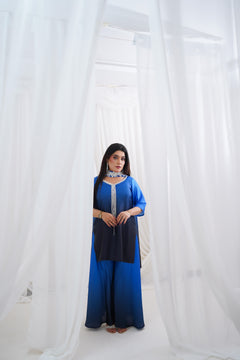 Royal Blue to Navy Gradient Suit with Pearl-Style Neckline