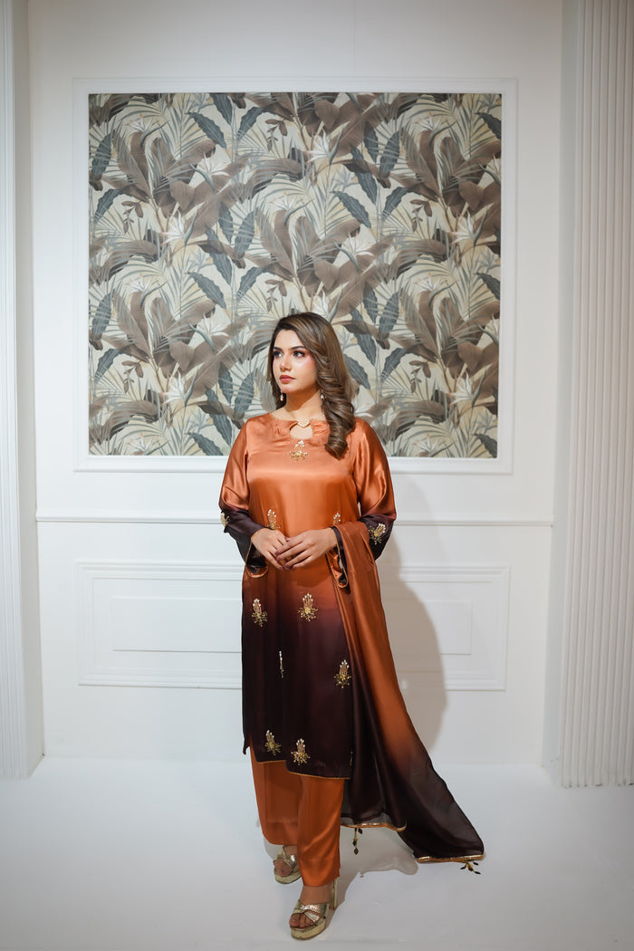 Burnt Orange & Charcoal Brown Embroidered Suit with Gold Detailing