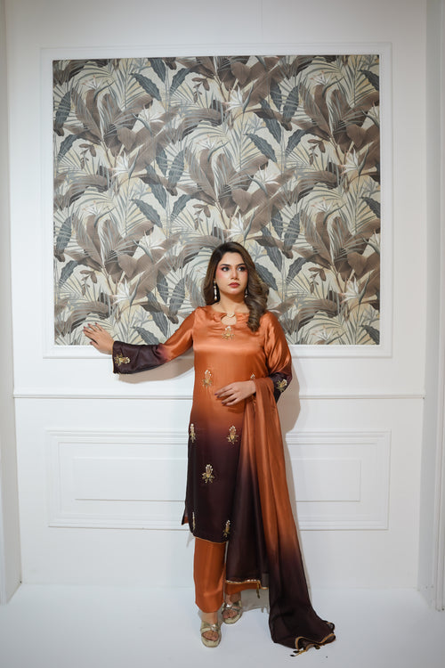 Burnt Orange & Charcoal Brown Embroidered Suit with Gold Detailing