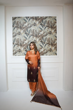 Burnt Orange & Charcoal Brown Embroidered Suit with Gold Detailing