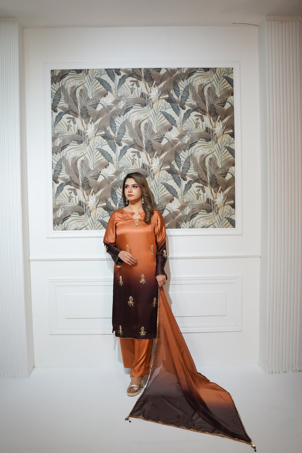 Burnt Orange & Charcoal Brown Embroidered Suit with Gold Detailing