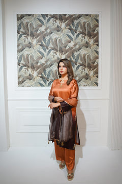Burnt Orange & Charcoal Brown Embroidered Suit with Gold Detailing
