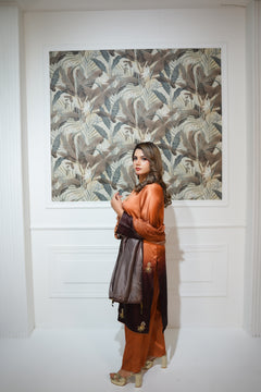 Burnt Orange & Charcoal Brown Embroidered Suit with Gold Detailing