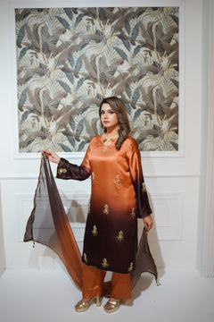 Burnt Orange & Charcoal Brown Embroidered Suit with Gold Detailing