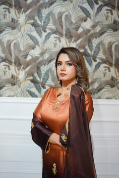 Burnt Orange & Charcoal Brown Embroidered Suit with Gold Detailing