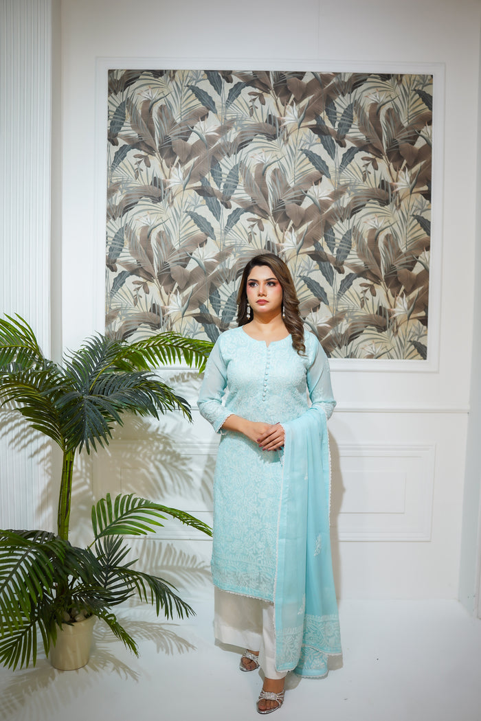 Dreamy Aqua Embroidered Suit with White Trousers