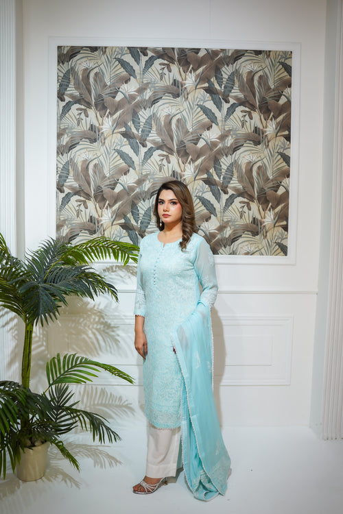 Dreamy Aqua Embroidered Suit with White Trousers
