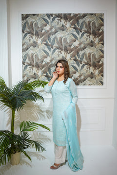 Dreamy Aqua Embroidered Suit with White Trousers