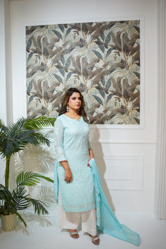 Dreamy Aqua Embroidered Suit with White Trousers