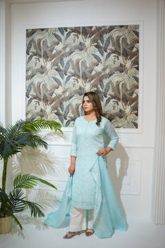 Dreamy Aqua Embroidered Suit with White Trousers
