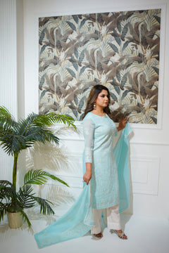 Dreamy Aqua Embroidered Suit with White Trousers