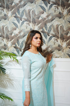 Dreamy Aqua Embroidered Suit with White Trousers