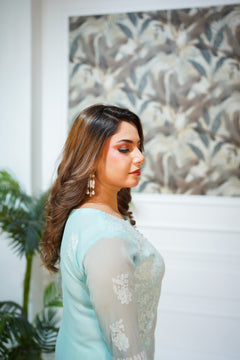 Dreamy Aqua Embroidered Suit with White Trousers