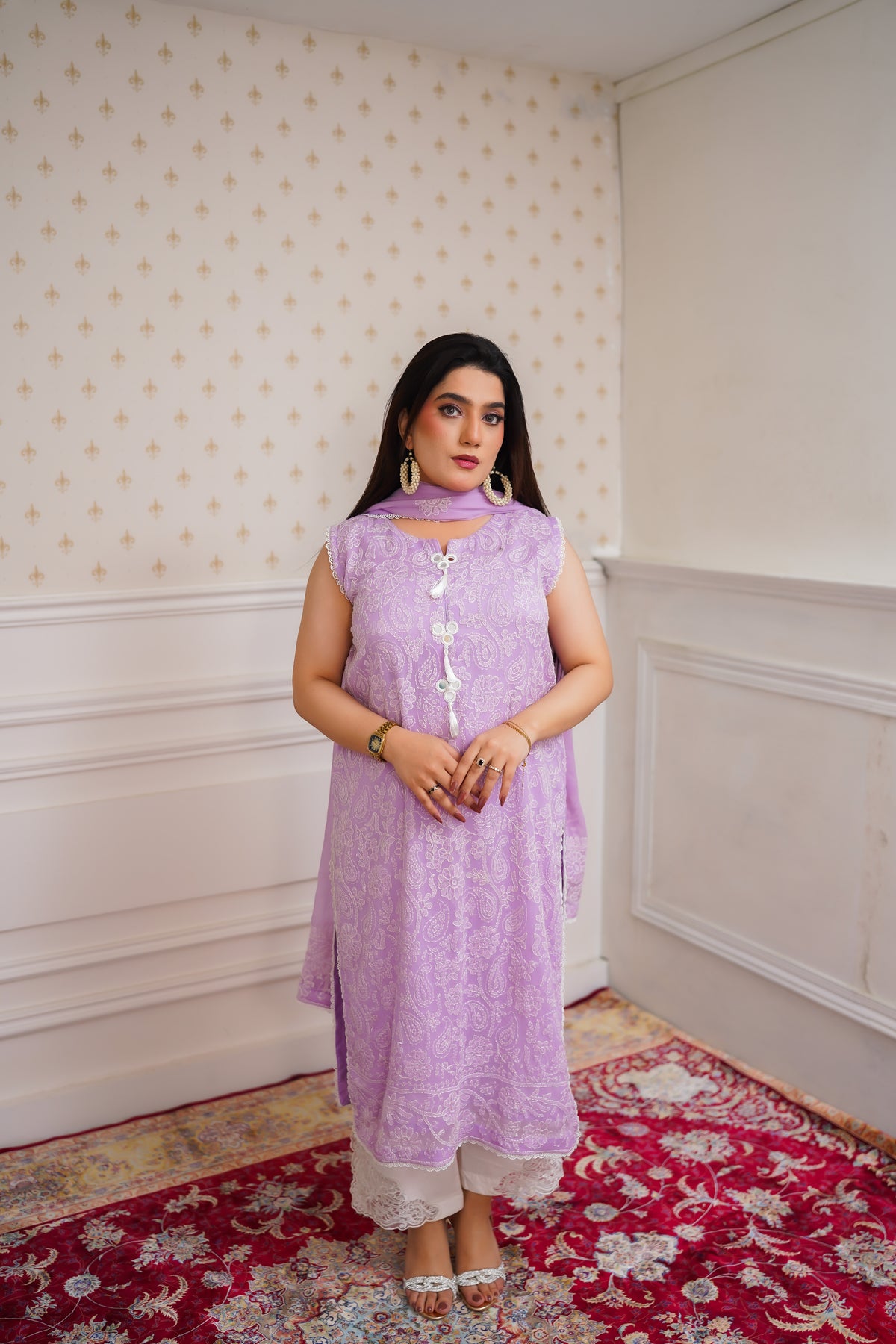 Dreamy Lavender Embroidered Suit with Lace Accents