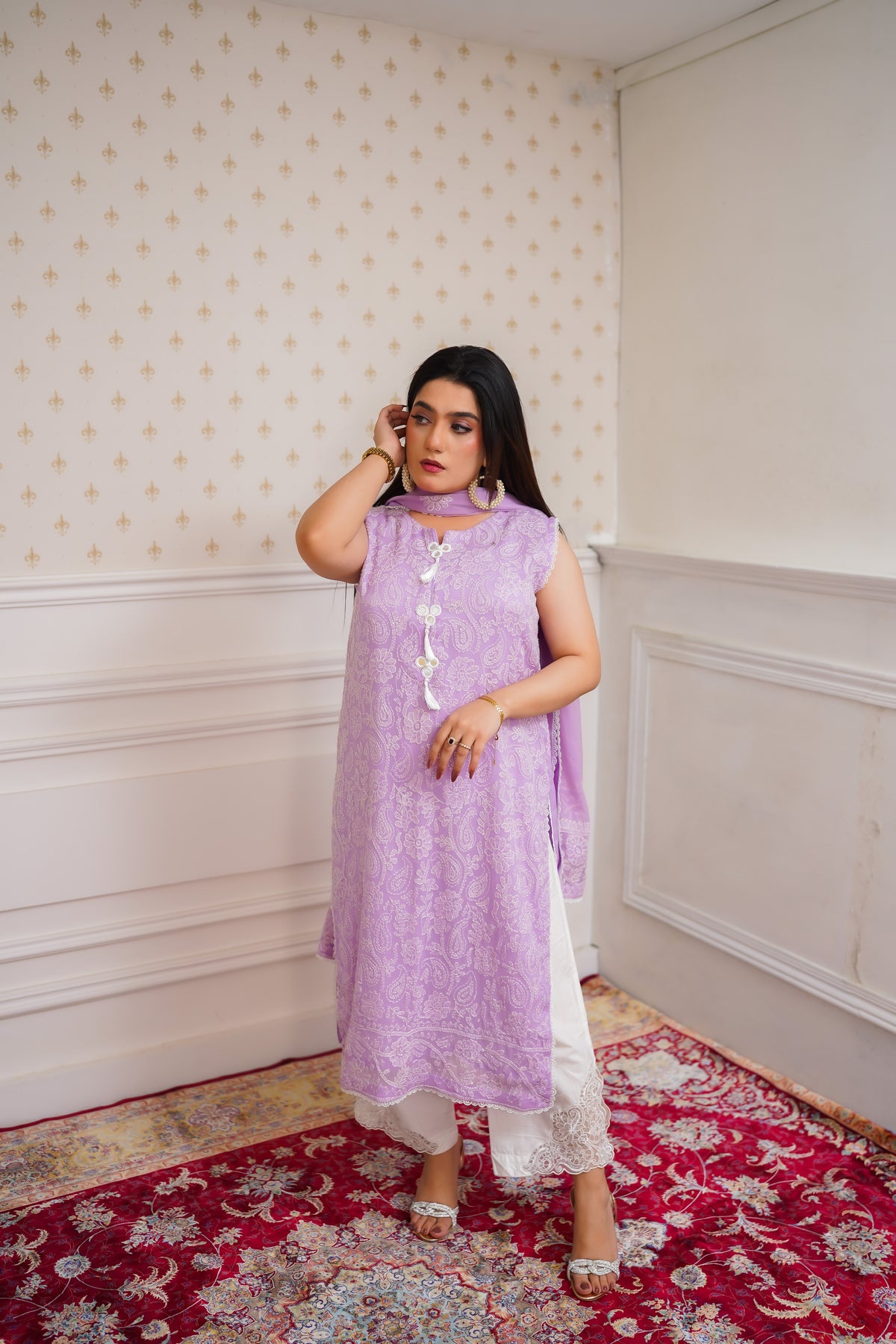 Dreamy Lavender Embroidered Suit with Lace Accents