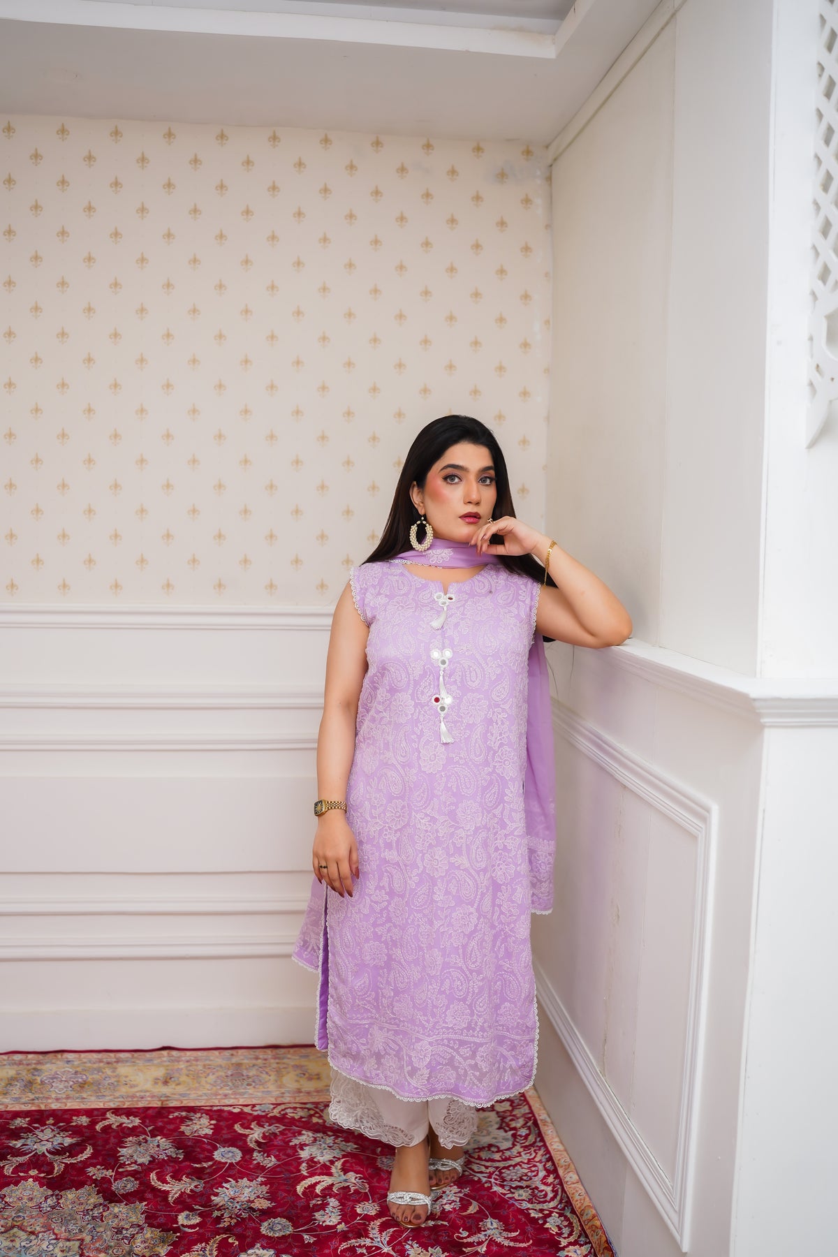 Dreamy Lavender Embroidered Suit with Lace Accents