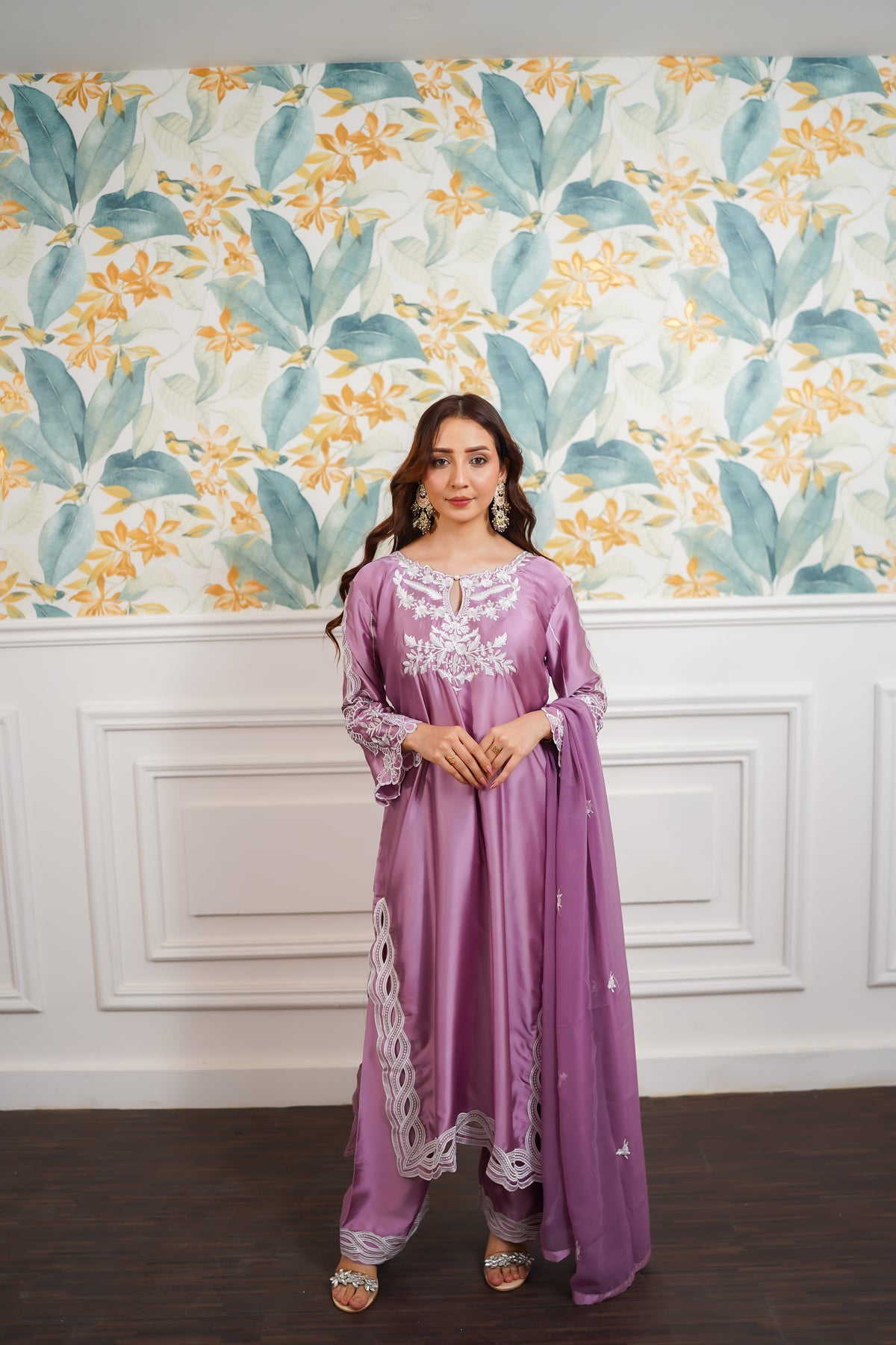 Mauve White Embroidered Suit with Flowing Dupatta