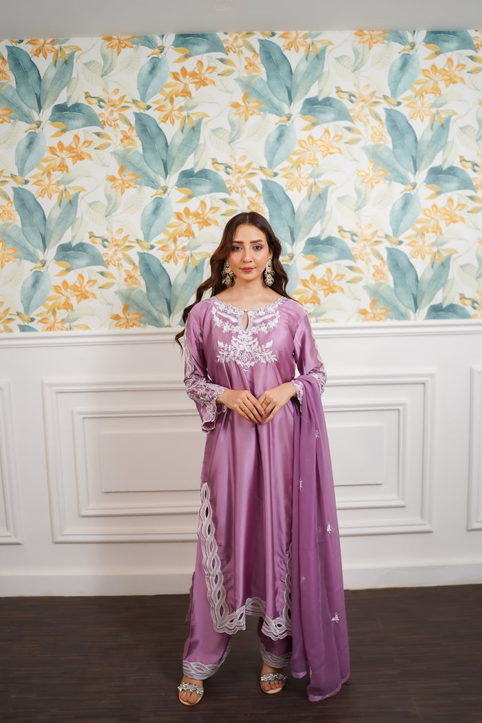 Mauve White Embroidered Suit with Flowing Dupatta