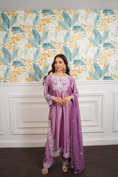 Mauve White Embroidered Suit with Flowing Dupatta