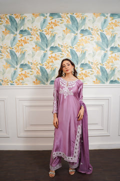 Mauve White Embroidered Suit with Flowing Dupatta
