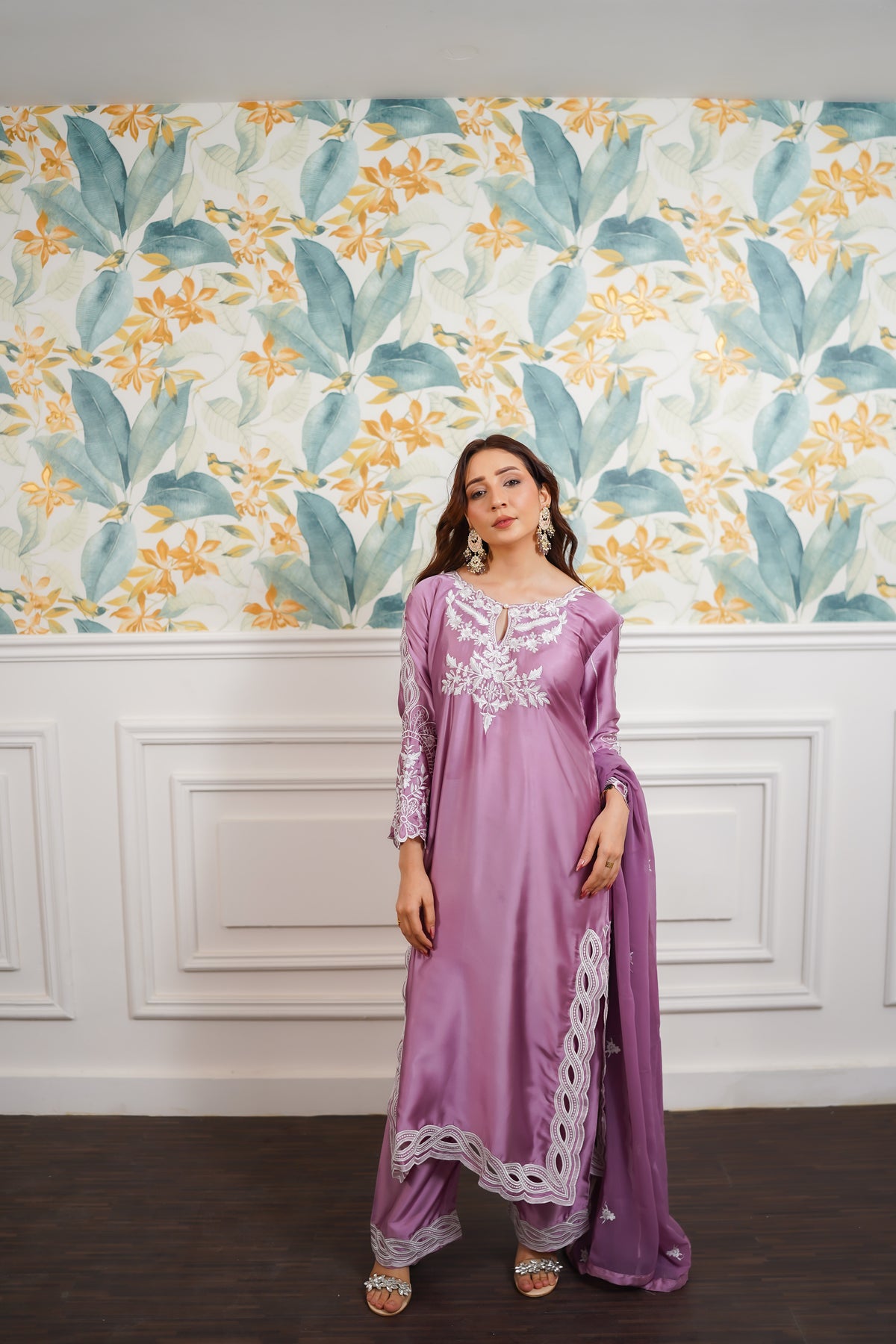 Mauve White Embroidered Suit with Flowing Dupatta