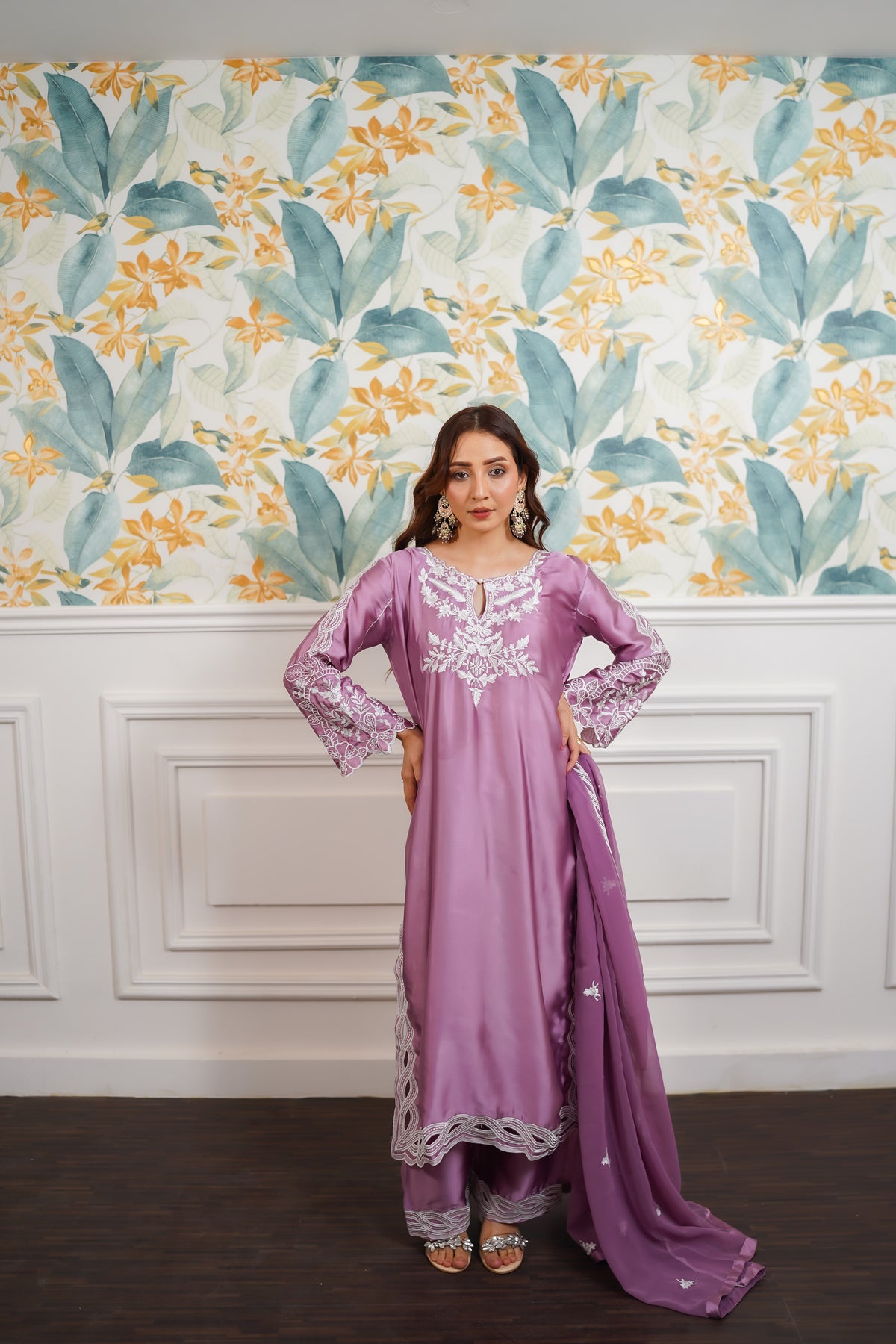 Mauve White Embroidered Suit with Flowing Dupatta